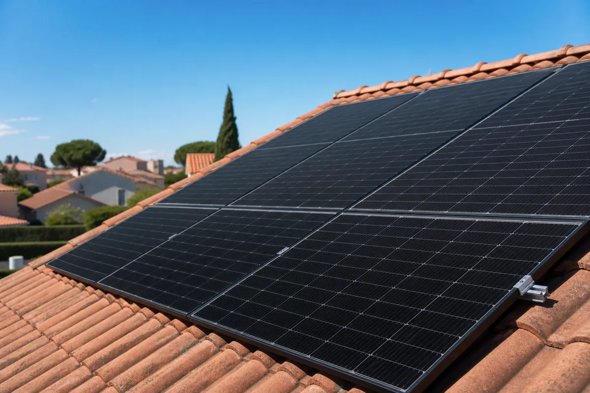 Toiture de maison individuelle équipée de panneaux photovoltaïques en zone pavillonnaire française