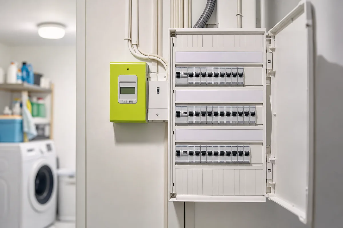 Compteur communicant et tableau électrique domestique dans un cellier de maison française