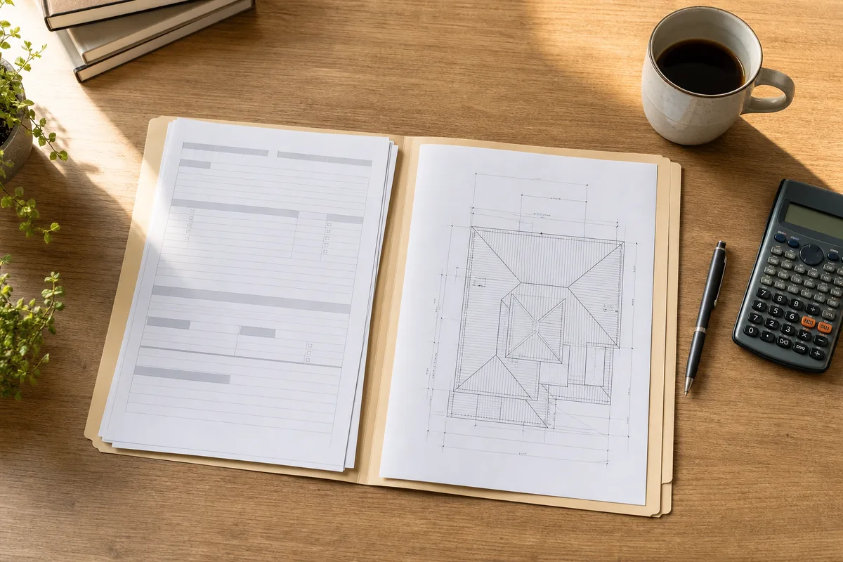 Dossier administratif de raccordement photovoltaïque et plans de toiture posés sur une table de bureau