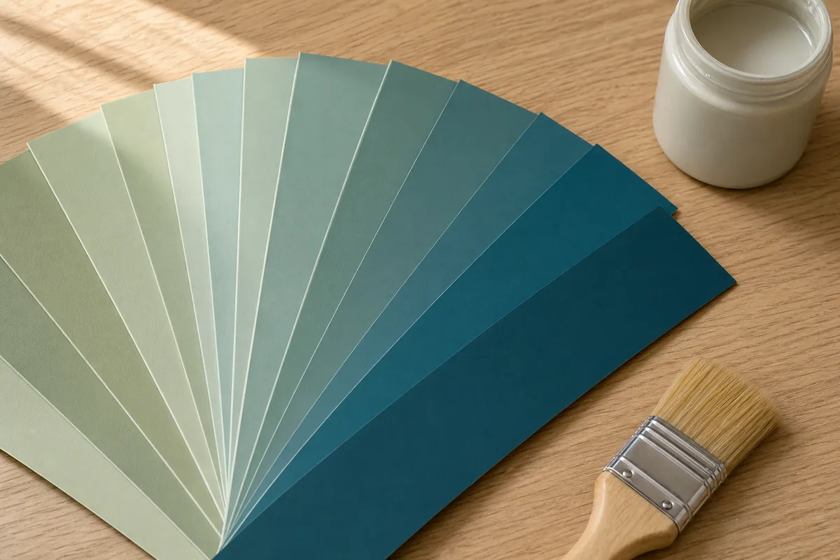 Nuancier de peinture ouvert en éventail posé sur une table en bois clair