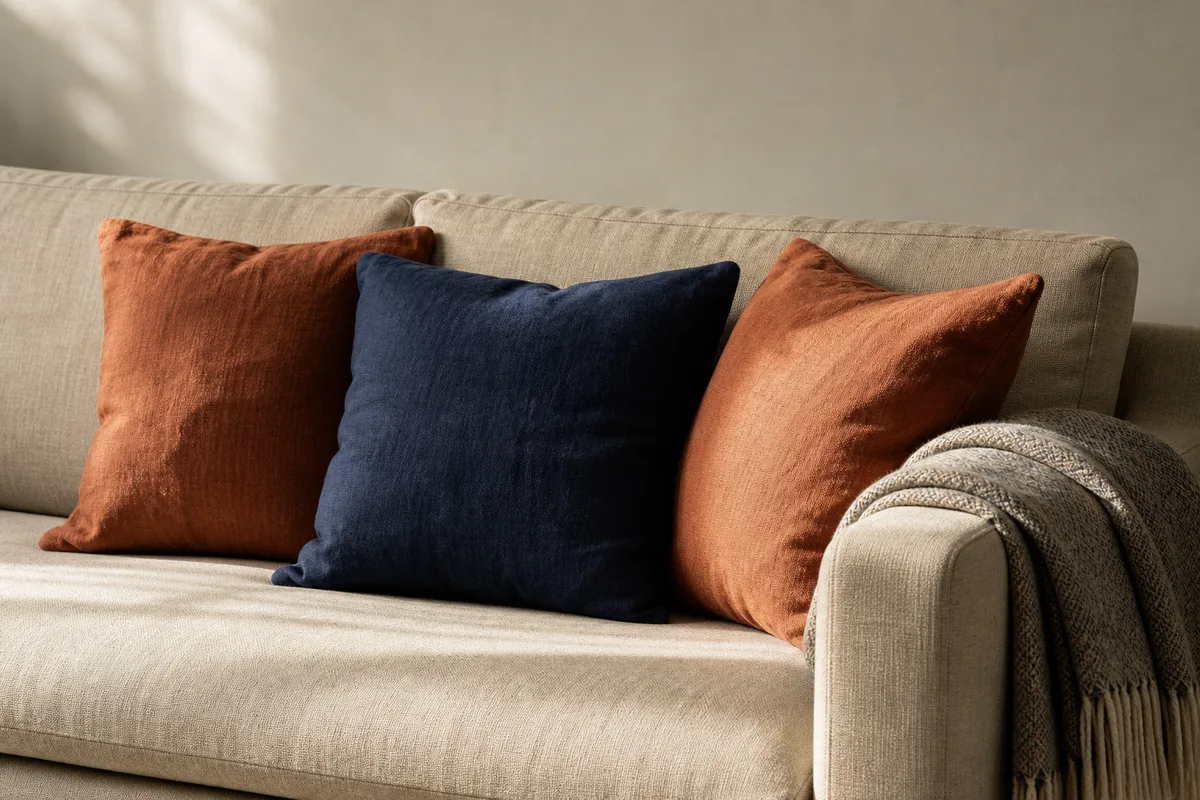 Coussins en lin dans des tons terracotta et bleu profond disposés sur un canapé beige