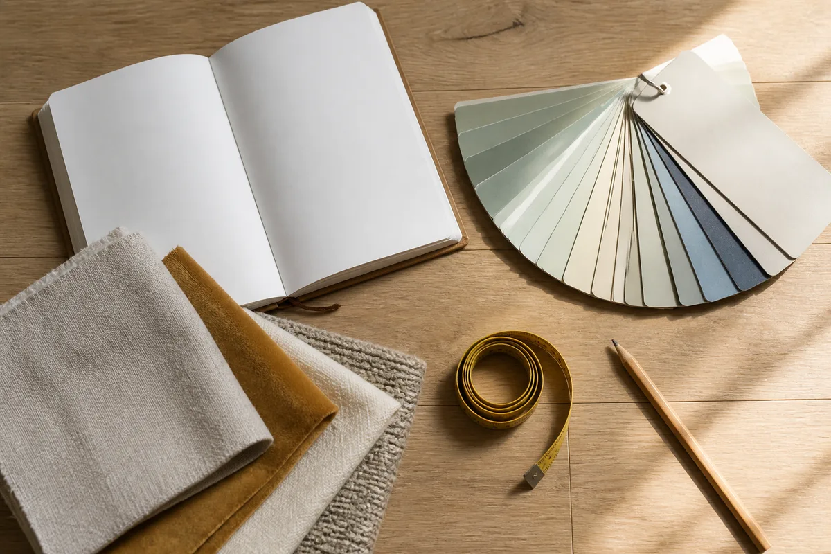 Carnet ouvert avec échantillons de tissus et nuancier posés sur un plancher clair
