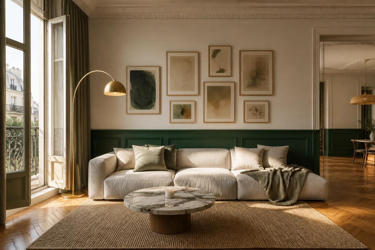 Salon lumineux avec canapé écru, table basse en bois et grand miroir posé au sol