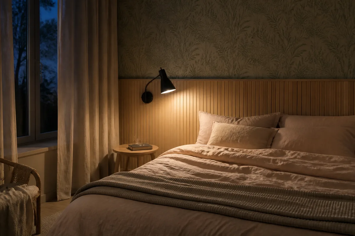 Chambre avec tête de lit en bois clair, linge en lin froissé et liseuse murale allumée