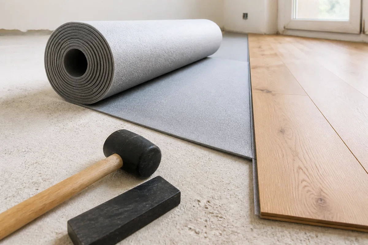 Pose d’une sous-couche acoustique avant un parquet flottant dans une pièce claire