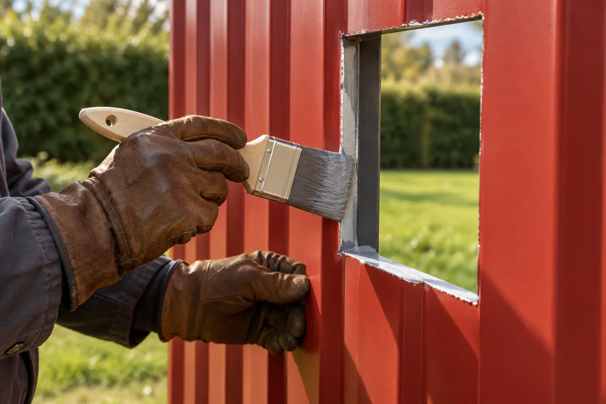 Mains gantées passant un apprêt antirouille sur le chant découpé d’une paroi d’acier ondulée rouge brique