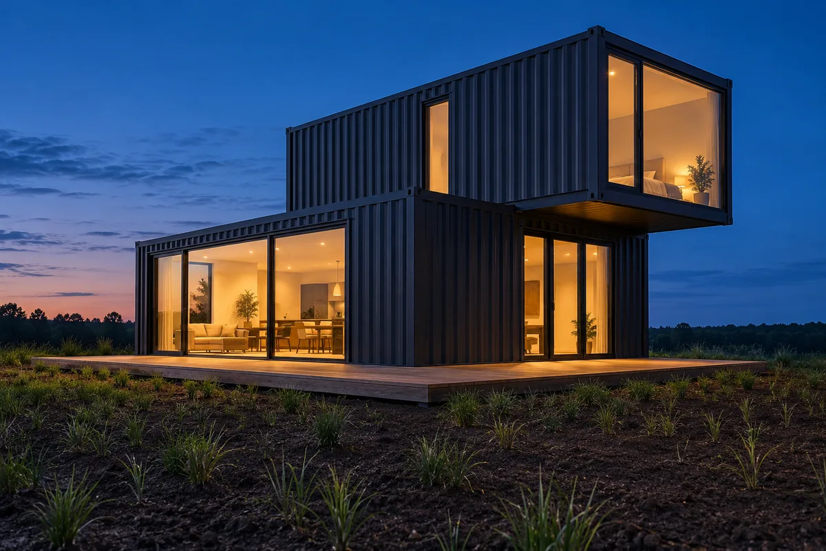 Maison de deux modules d’acier gris anthracite superposés en décalé, baies éclairées et terrasse de bois à l’heure bleue