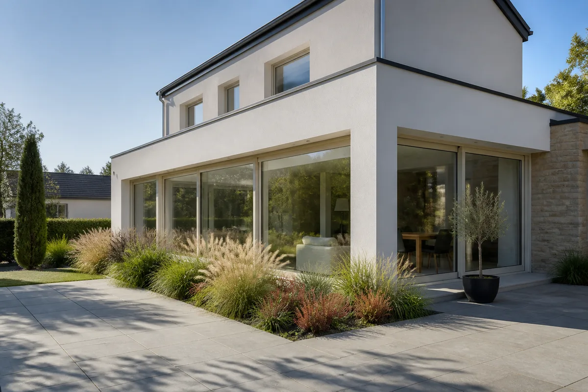 Maison individuelle neuve avec jardin, menuiseries claires et allée d’accès
