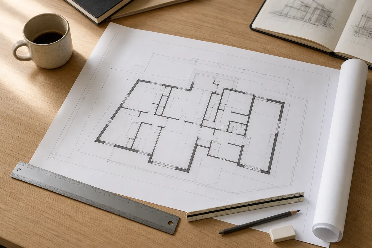 Table à dessin d’architecte avec plan coté d’une maison individuelle de 150 m²