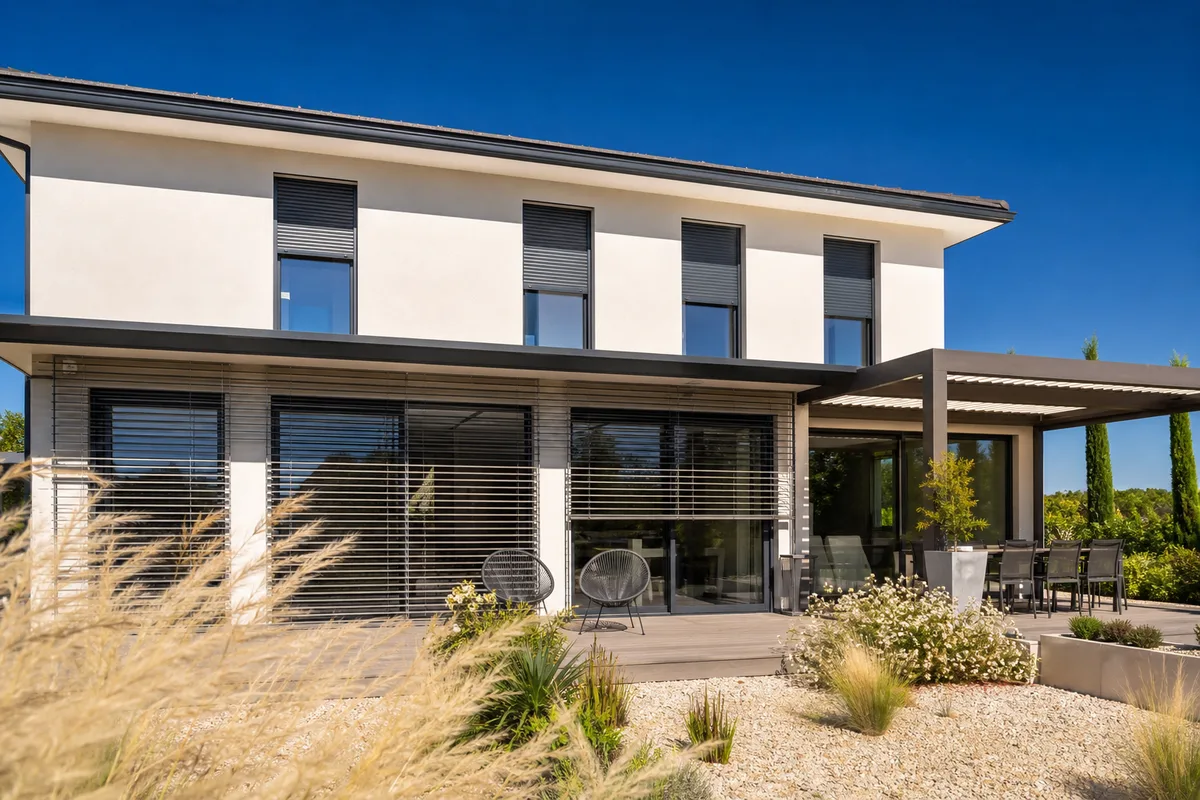 Façade sud d’une maison à étage avec grandes baies vitrées et brise-soleil