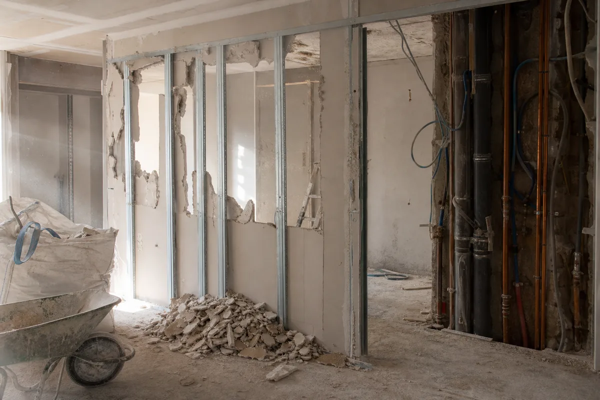 Chantier de rénovation en appartement, cloison démolie et gravats au sol