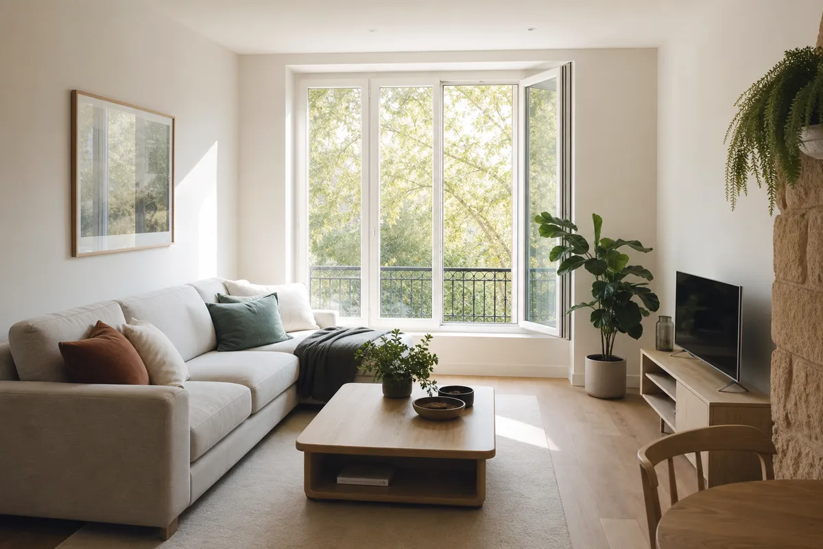 Appartement rénové, salon lumineux et rangé après travaux