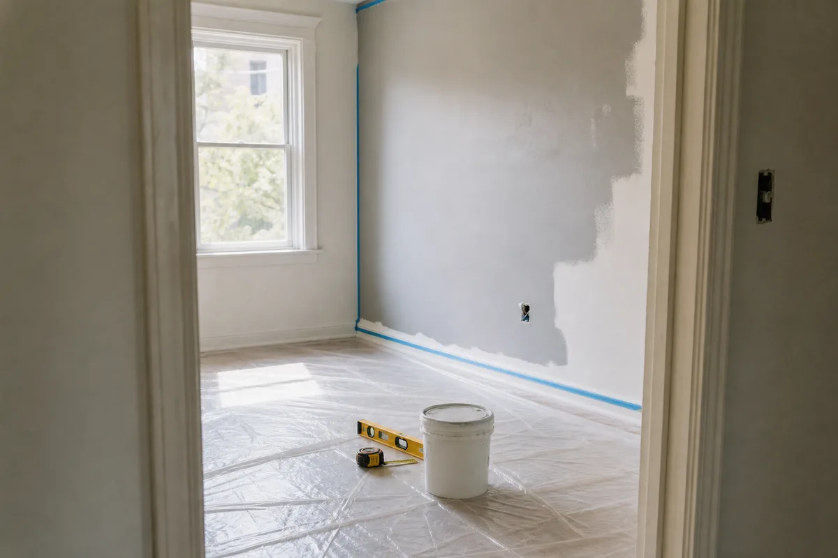 Appartement en travaux de rénovation, sol protégé et outils au sol, lumière naturelle