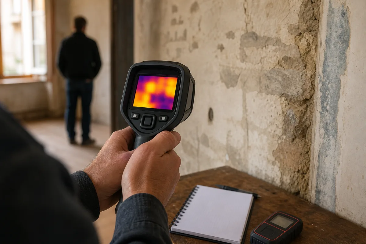 Auditeur relevant les caractéristiques thermiques d’une maison ancienne