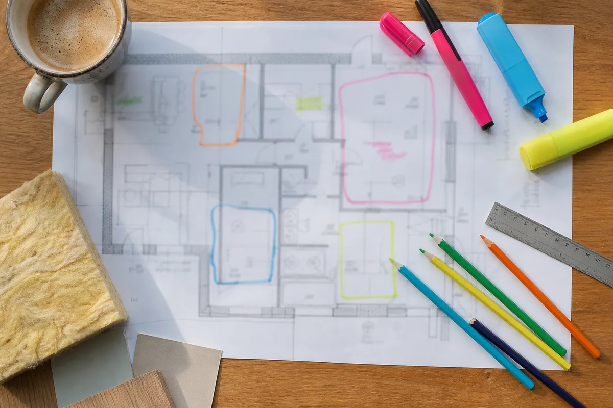Plan de maison annoté avec repérage des zones de déperdition thermique