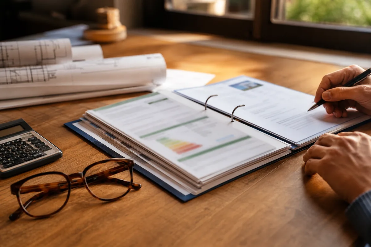 Dossier de financement de travaux avec calculatrice et plans sur un bureau