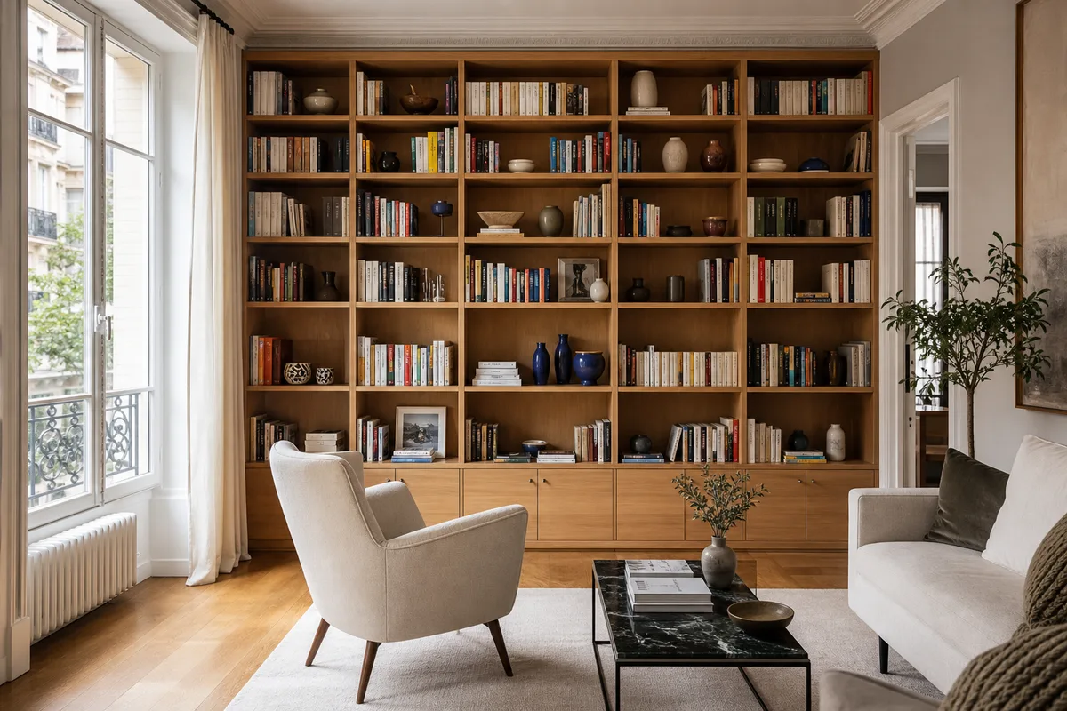 Salon lumineux organisé autour d’une bibliothèque murale toute hauteur, sans télévision