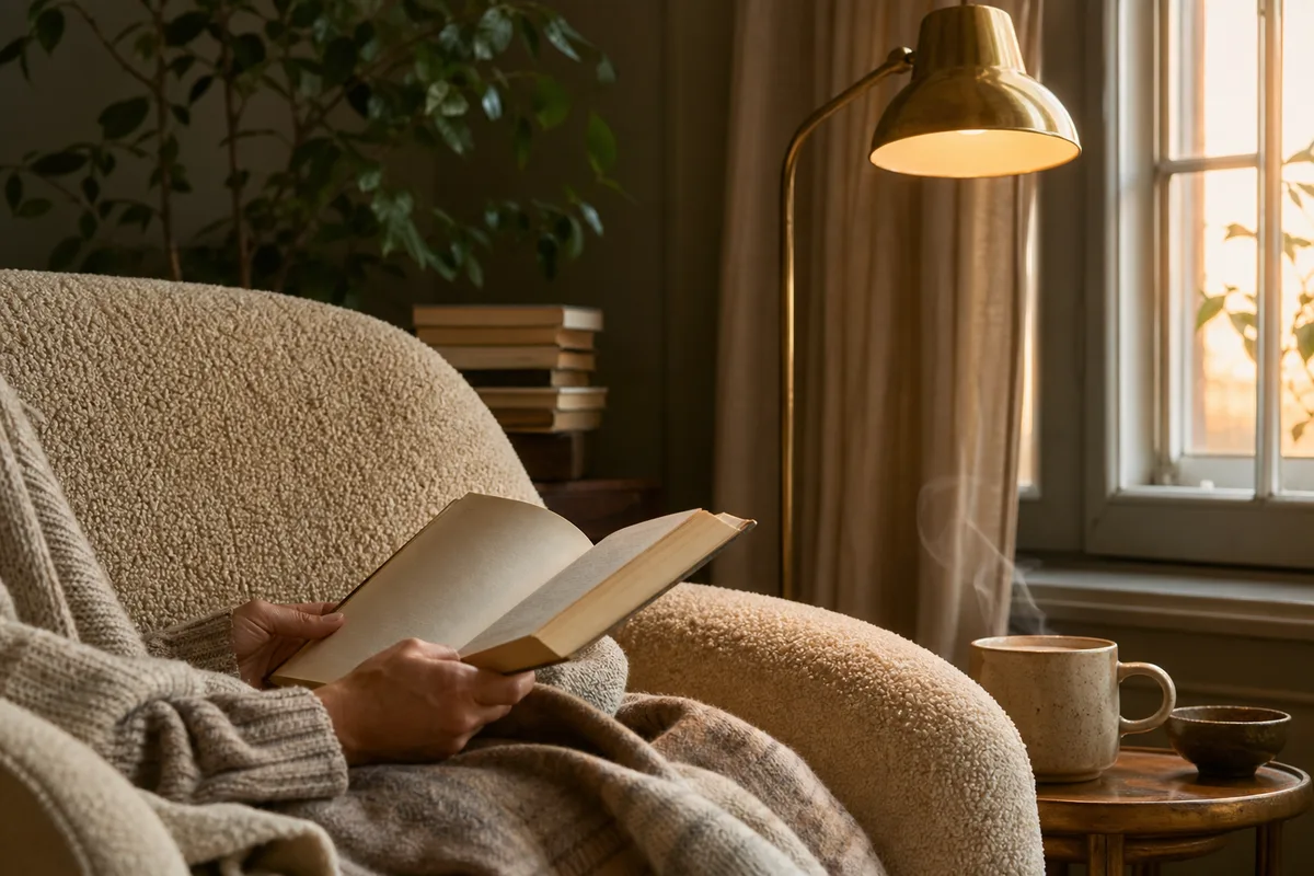 Coin lecture avec fauteuil en tissu bouclé, liseuse en laiton et pile de livres près d’une fenêtre