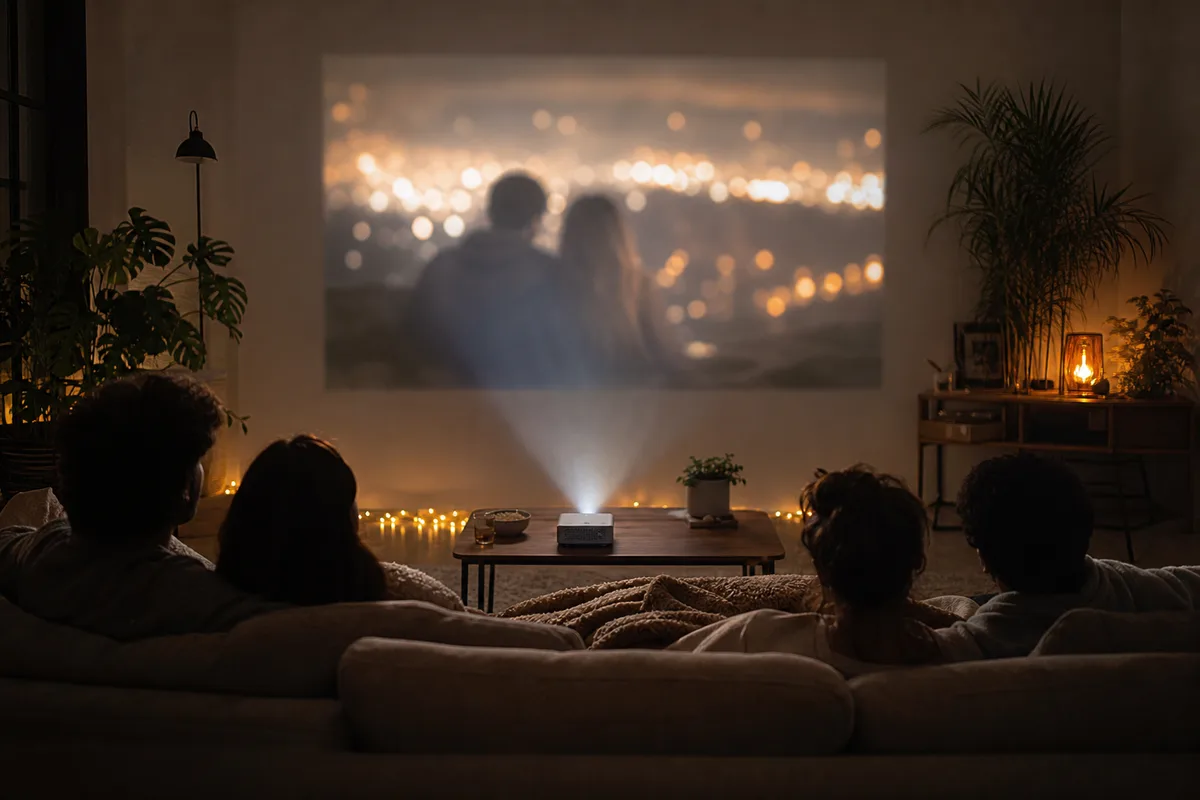 Vidéoprojecteur compact projetant un film sur un mur blanc de salon le soir, canapé au premier plan